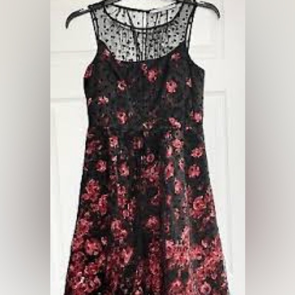 Carmen Marc Valvo Dresses & Skirts - Luxe by Carmen Marc Valvo Dress Black Mesh Polka Dot Red Floral Cocktail Party